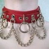 Ape Leather Red Leather Bondage Choker With 3 Rings, Clips And Chain