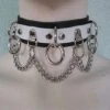 Ape Leather White On Black Leather Choker With 3 Rings, Clips, And Chain Men's Stuff