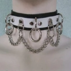 Ape Leather White On Black Leather Choker With 3 Rings, Clips, And Chain Men's Stuff