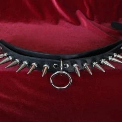 Ape Leather Spiked Bondage Choker With Long Spikes And O-Ring