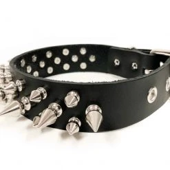 Funk Plus Chokers And Collars 1 1/8" BLACK LEATHER CHOKER WITH 1/2" & 1" SPIKES