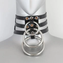 Funk Plus Triple Silver Ring Choker - Black Vinyl Chokers And Collars