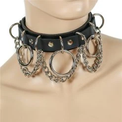 Funk Plus Black Leather 3 Ring Hanging Chain Choker Chokers And Collars