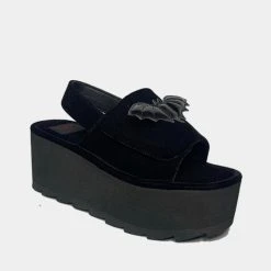 Strange Cvlt Lilly Bat Black Velvet Platform Sandal Footwear