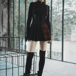 Punk Rave Plaid Spliced Suspender Skirt Women's Stuff