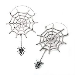 BodyVibe Stainless Steel With Silver Plated Spider Web And Dangling Spider Plug Hoops