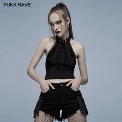 Punk Rave Women's Stuff Grunge Ripped Skull Halter Crop Top