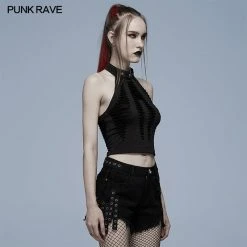 Punk Rave Women's Stuff Grunge Ripped Skull Halter Crop Top