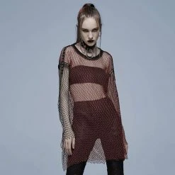 Punk Rave Grunge Double Color Splice Mesh Top - Black And Red