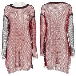 Punk Rave Grunge Double Color Splice Mesh Top - Black And Red