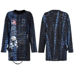 Punk Rave Men's Stuff Grunge Skull Printed Ripped Shirt With Detachable Hood - Blue