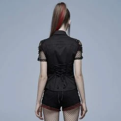 Punk Rave Women's Stuff Punk Plaid Splice Mesh Strappy Shirt