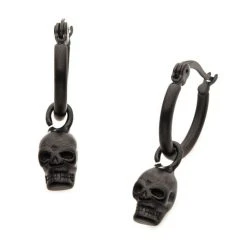 BodyVibe Jewelry Matte Black Plated Hoop With Skull Dangle Earrings