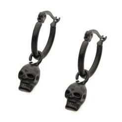 BodyVibe Jewelry Matte Black Plated Hoop With Skull Dangle Earrings
